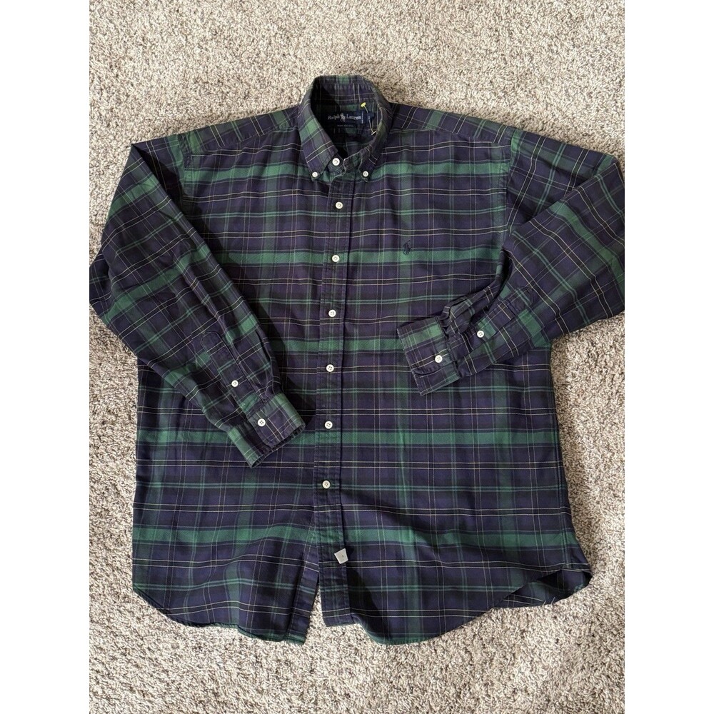 Ralph Lauren Plaid Oxford Button Down Shirt L Blue Green Tartan Long Sleeve Prep